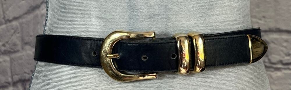 Vintage 90's Classic Navy Blue Leather Belt with Goldtone Buckle and Belt Tip